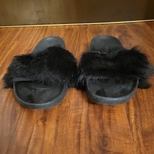 UGG Tread Lite Treadlite Black Furry Slides Size 6